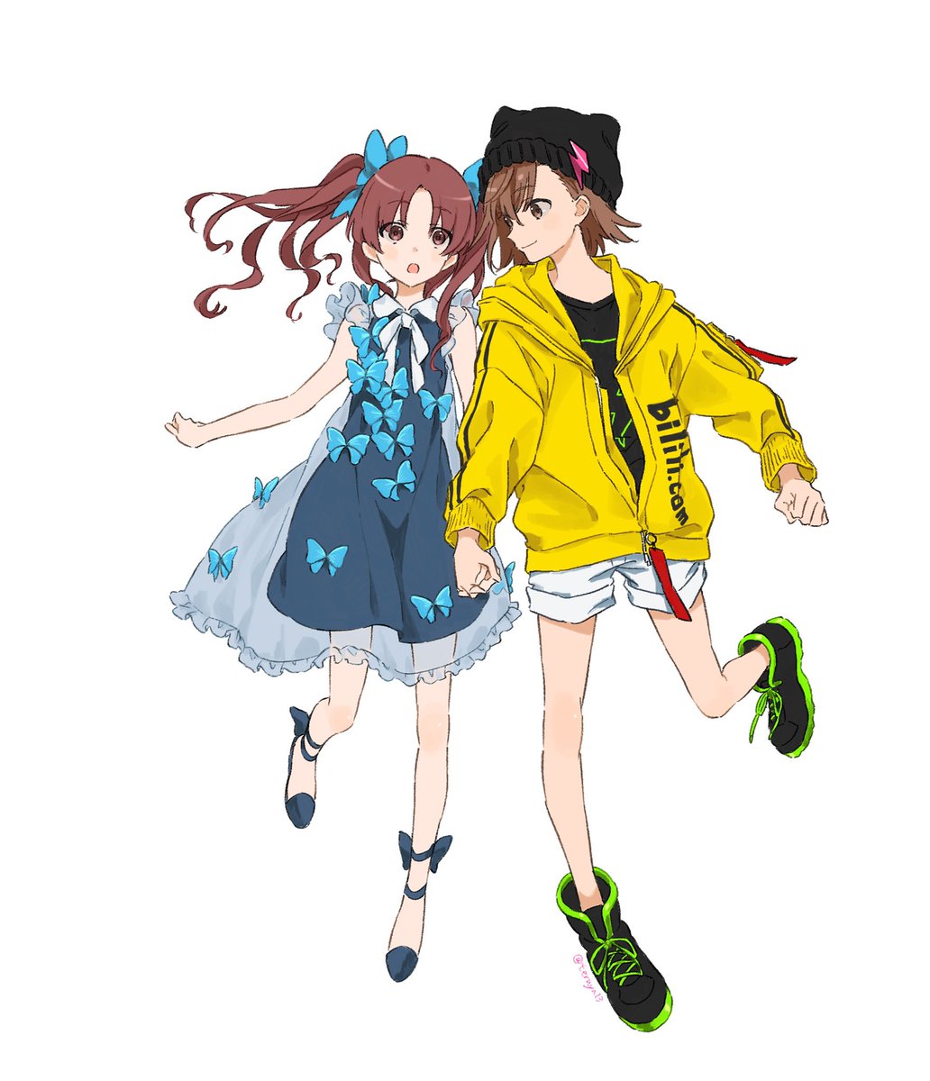 misaka mikoto ,shirai kuroko multiple girls 2girls brown hair shorts twintails holding hands white shorts  illustration images