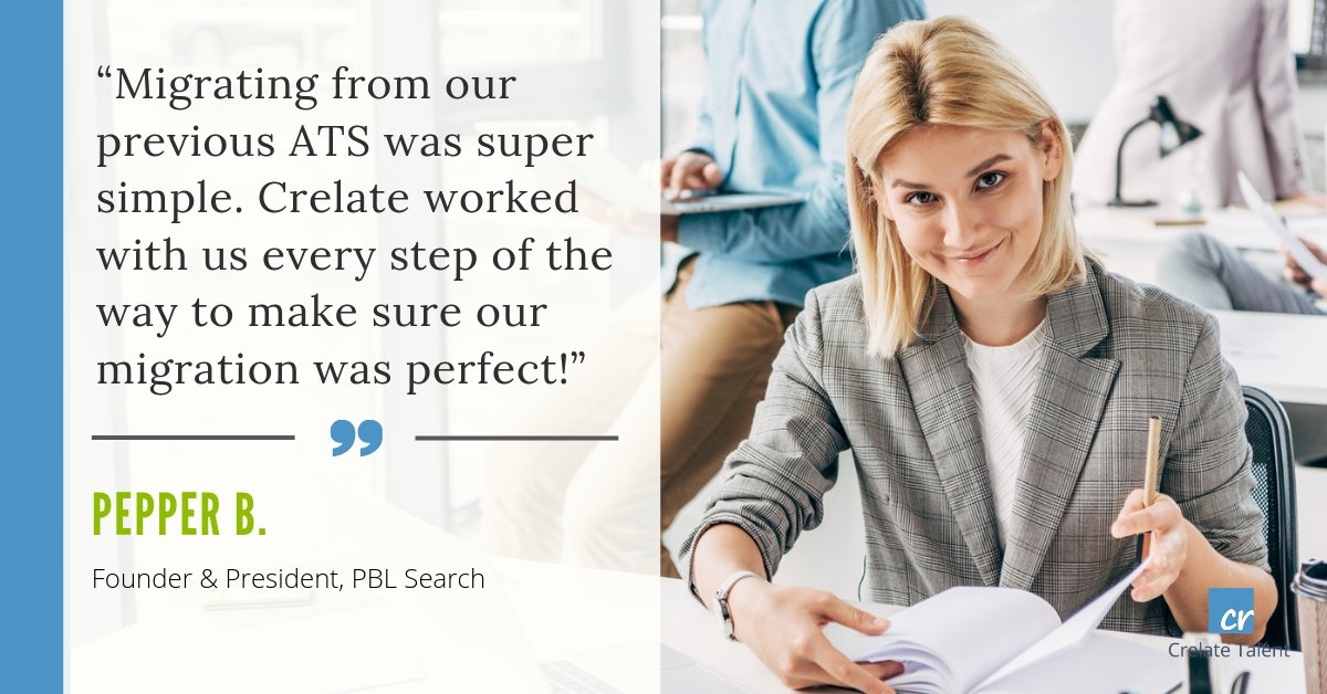 CRELATE's tweet image. What makes Crelate different? We partner with you to seamlessly migrate your ATS. Schedule a demo to learn more! bit.ly/2VOdALV #recruiting #recruitingCRM #recruitingtips