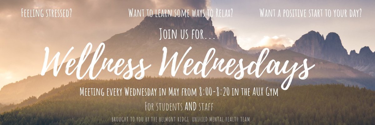 Reminder that we have our 2nd Wellness Wednesday tomorrow at 8AM in the AUX Gym. Start the day off right with some mindfulness! #wellnesswednesday #LevelUp #MentalHealthAwarenessMonth #MentalHealthMatters @HitchmanRyan @Lewis_bems @DavidJMcKenzie @JJcounselor @BelmontRidge