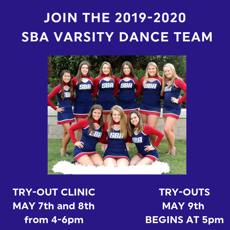 Want to be apart of the 2019-2020 SBA Varsity Dance Team? Come to try-outs today through Thursday! Let's have some fun!!! 😀😀😀
