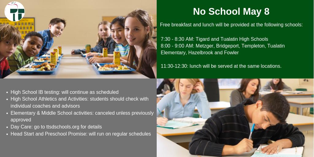 TigardTualSD's tweet image. REMINDER: Wed, May 8th will be a no school day for students as teachers participate in the statewide “Day of Action” in support of education funding.  Go to ttsdschools.org for more details.