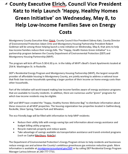 MC_Council_Katz's tweet photo. CE @Marc_Elrich and I are helping to launch "Happy, Healthy Homes Green Initiative" on Wed., May 8th at 5:30 pm at MHP's Beall's Grant Apts - 254 N. Washington Street in Rockville. Please join us!! More info - https://t.co/cPhiwbh1Zw or 240-777-7711. @MoCoCouncilMD @MHPartners https://t.co/JzJC021ZHG