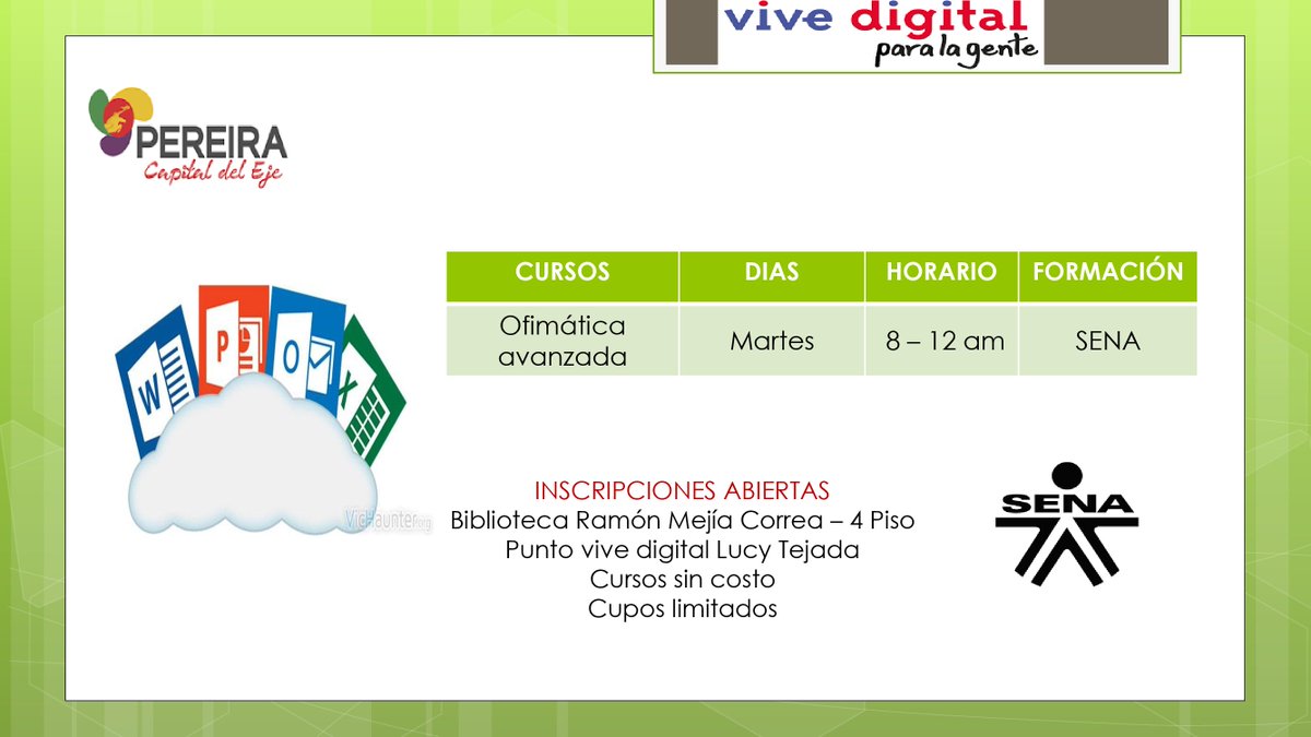 SecTICPereira's tweet photo. Acércate y pregunta por los cursos ofrecidos en el PVD Lucy Tejad, no dejes pasar la oportunidad de adquirir nuevas competencias....

Cupos limitados https://t.co/fmYuUywQPX