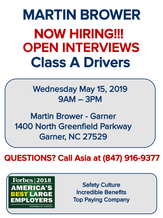 Come join <a href="/MBHires/">Martin Brower</a> at our upcoming #OpenInterviews session on May 15! We'd be pleased to meet you! #MBHires #careerfair #HiringNow #NowHiring #Classadrivers #openinterviews #Drivers #driverjobs #NorthCarolina #NorthCarolinaJobs