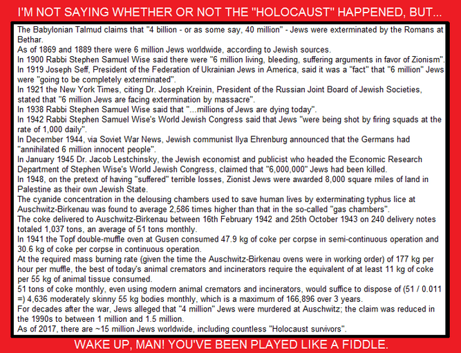 RealitySignal's tweet photo. @theresa_may Tens of millions of White people died in the holocausts of the (((Bolshevik Revolution))) and the (((World Wars))). The (((YouKnowWhos))) were well aware that their "six million" anti-White libel could only fly in the wake of a war with tens of millions of all too real losses. https://t.co/l2dadS7RiL