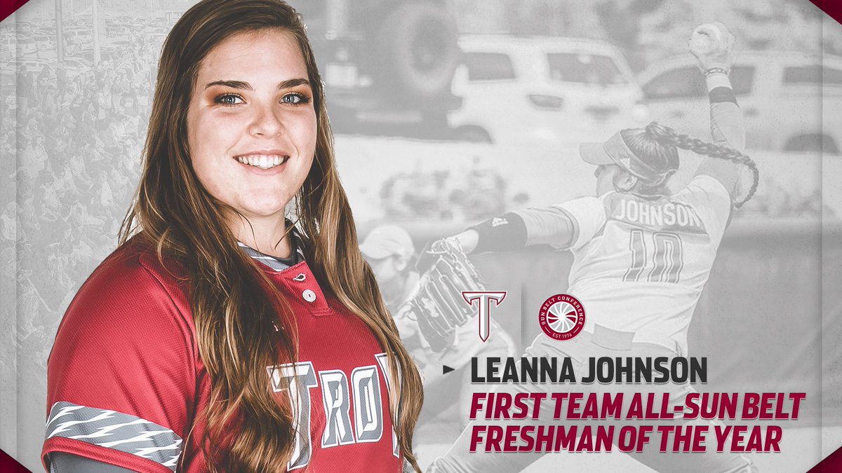 TroyTrojansSB's tweet photo. Congrats to Leanna Johnson for being named the Sun Belt Freshman of The Year and First Team All-Sun Belt!

She ranks eighth nationally in wins, 18th in strikeouts and 22nd in shutouts.

Back-to-back @SunBelt Freshmen of Year for Troy Softball!

#BeTheStandard | #OneTROY https://t.co/VQvwYrf7ew