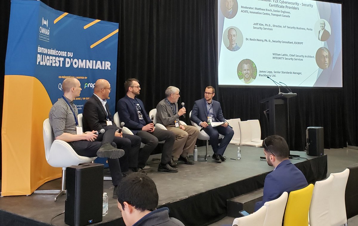 OmniAirCon's tweet photo. Matthew Krech, Sr. Engineer, ACATS @Transport_gc leads the @OmniAirCon #QuebecPlugfest discussion w/#security certificate providers Dr. Kevin Henry  @ESCRYPT, Jeiff Kim, PhD @pentasecsystems, Bill Lattin #IntegritySecurityServices, James lepp @lepp @BlackBerry  #InnovationTC https://t.co/pUss5a32OM
