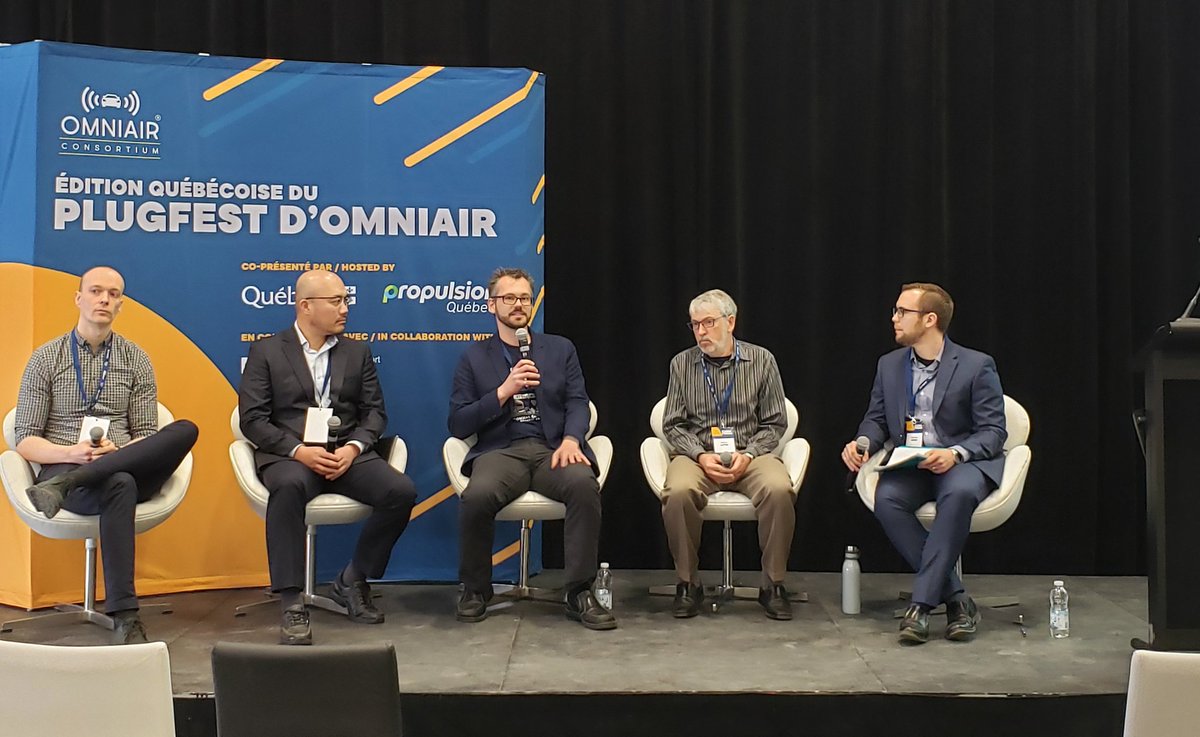 OmniAirCon's tweet photo. Matthew Krech, Sr. Engineer, ACATS @Transport_gc leads the @OmniAirCon #QuebecPlugfest discussion w/#security certificate providers Dr. Kevin Henry  @ESCRYPT, Jeiff Kim, PhD @pentasecsystems, Bill Lattin #IntegritySecurityServices, James lepp @lepp @BlackBerry  #InnovationTC https://t.co/pUss5a32OM