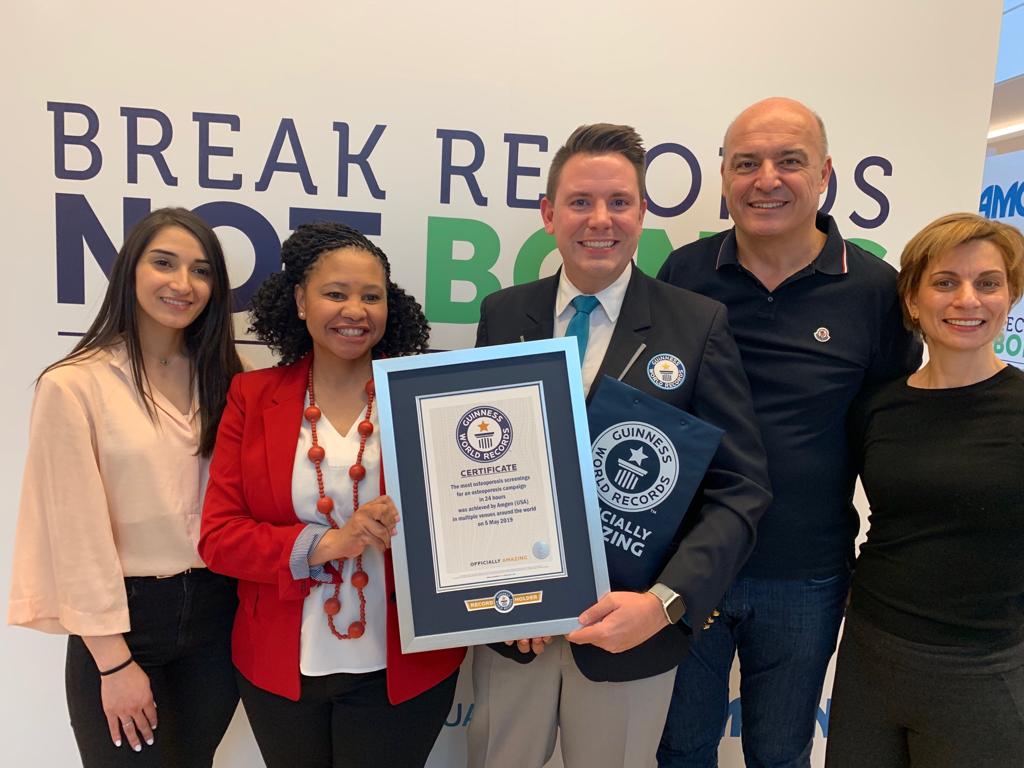 Amgen's tweet photo. Congrats to #Amgen teams & local partners in Brazil, Canada, Colombia, Egypt, Kuwait, Lebanon, Mexico, Saudi Arabia, South Africa & Turkey for achieving a Guinness World Records title on May 5 for most osteoporosis screenings in 24 hours #AmgenRecord @GWR https://t.co/vQd3vjCnLu https://t.co/ryxFCOaMN0