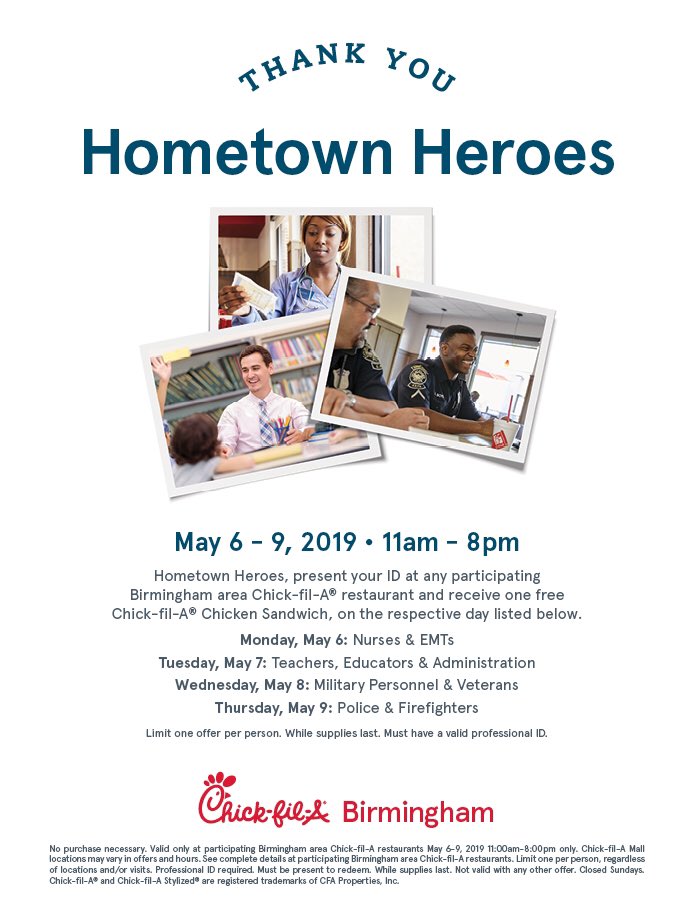 This week we are celebrating our Hometown Heroes! Don’t forget to stop by and receive a free sandwich or 8-count nugget as a “thank you” from all of us at Chick-fil-A ❤️