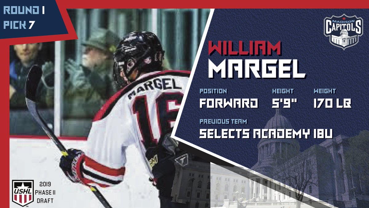 MadCapsHockey's tweet photo. With the 7th overall pick in the Phase II Draft, the Capitols have selected William Margel from Selects Academy 18U! #MadCapsDraft https://t.co/p0OBGgHnPm