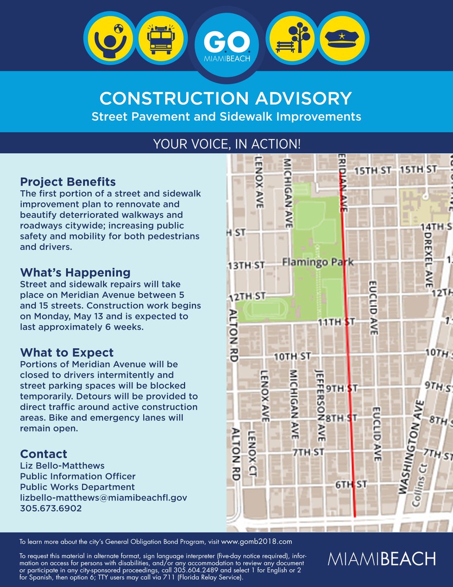 MiamiBeachNews's tweet photo. #ConstructionAdvisory: View info on the upcoming street pavements &amp; sidewalk improvements occurring on Meridian Avenue between 5 ST - 15 ST. 

This is the first of the #GOMB2018 projects to commence construction! https://t.co/oMfZDH1WAf