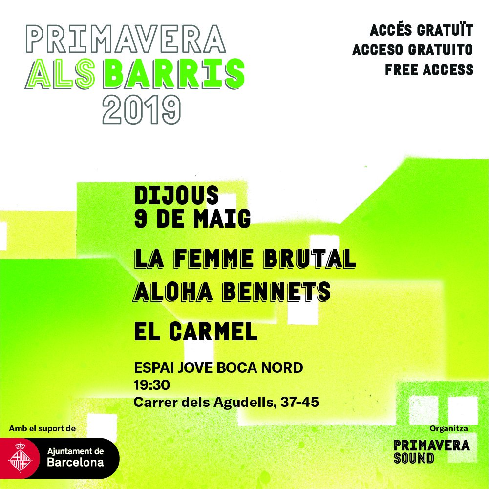 9/05 <a href="/Primavera_Sound/">Primavera Sound</a> als #barris amb els concers de <a href="/alohabennets/">Aloha Bennets</a> i #lafemmebrutal dos propostes rockeres on la #dona és protagonista. #entradalliure #garage #punkrock #rock  bit.ly/301NGn7