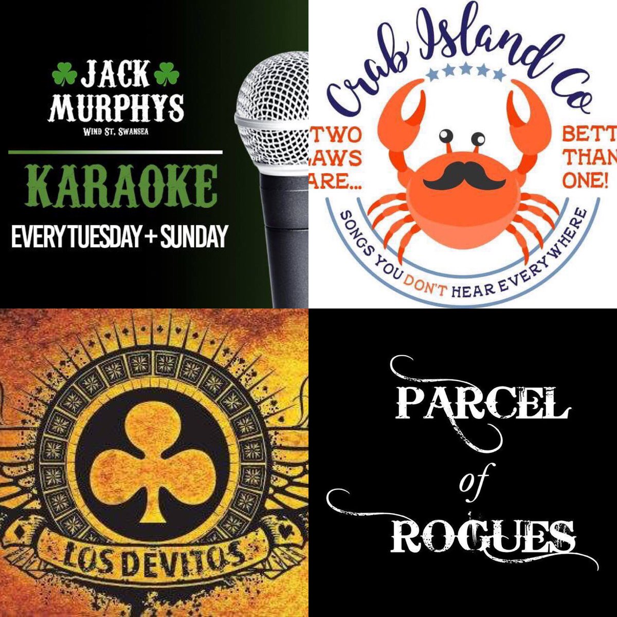 Live Music here this weekend 
Fri 10/05 ~ Crab Island Co 9pm
Sat 11/05 ~ <a href="/LosDevitos/">Los Devitos</a> 9pm
Sun 12/05 ~ Parcel of Rogues 7pm 
#SupportLiveMusic #LiveMusicSwansea #LiveMusicVenue 

We’ve also got #karaoke Tuesday &amp; Sunday 10pm until close