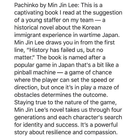 It seems we're not the only ones who have been reading 📖 and LOVING 😍#Pachinko recently, none other than The 44th President of the United States 🇺🇲 Barack Obama has just recommended it on his Facebook page! 
High praise indeed! Congrats <a href="/minjinlee11/">Min Jin Lee</a> ❤️🙌