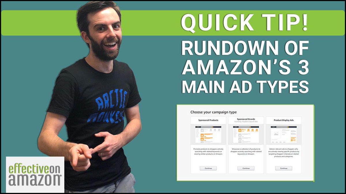 EffectiveAmazon's tweet image. NEW VIDEO! youtu.be/X35xFsN03HA. Just getting started with #AmazonAdvertising? Here’s a quick run-down of Amazon’s 3 main ad types: Sponsored Product Ads, Sponsored Brand Ads, and Product Display Ads. Learn about targeting options and placements for each type of ad. #AmazonPPC