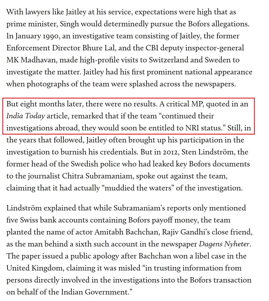 Rajiv Gandhi government fell in the 1989 elections. VP Singh came to power and sent a three-member team to Sweden including  @arunjaitley to investigate the case.They chilled out there for several months and couldn't find anything related to Rajiv. https://caravanmagazine.in/politics/did-arun-jaitley-do-enough-investigate-bofors-scam(7/9)