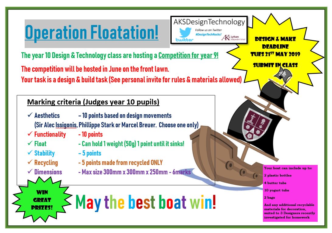 AKSDesignTech's tweet image. Year 10 D&amp;amp;T @AKSSchool are hosting a year 9 Design &amp;amp; Make competition called #OperationFloatation! Deadline 21st May 2019, prizes to be won!!
#DesignTechRocks #PromotingCreativity