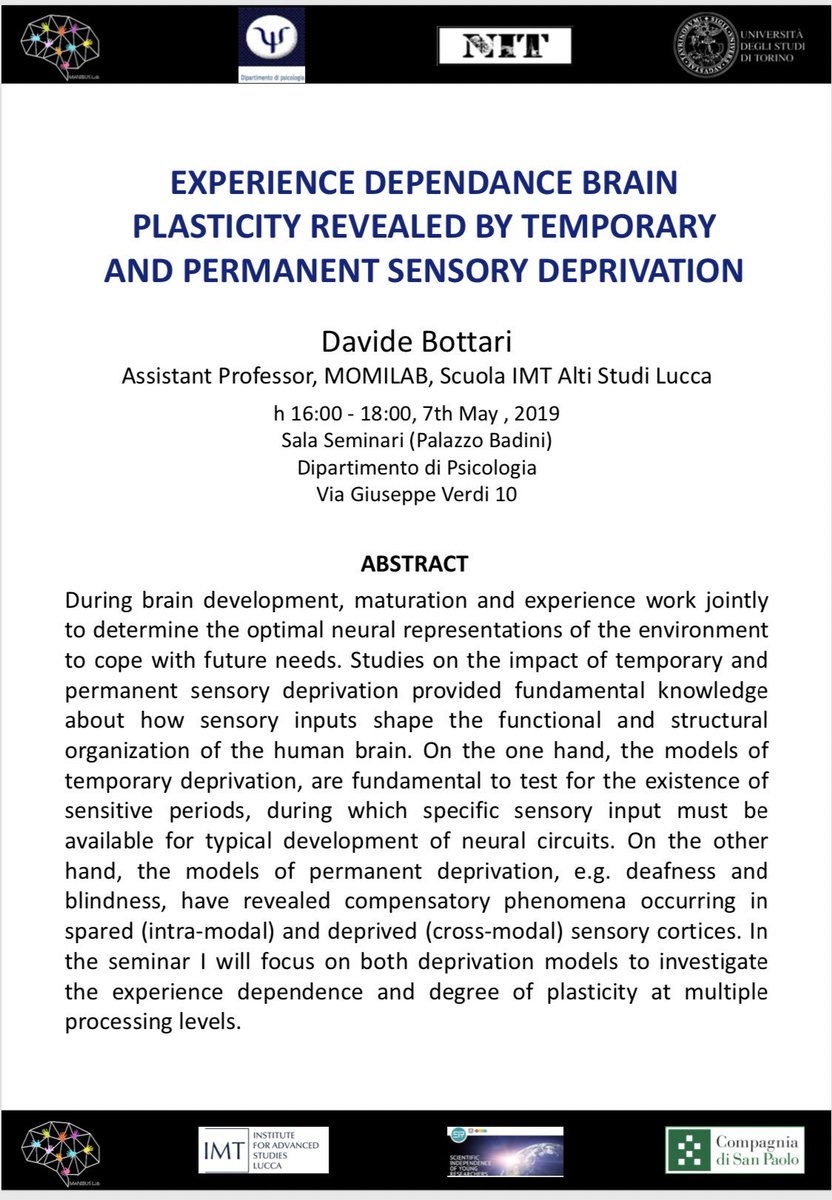 ManibusLab's tweet image. Thanks Dr Davide Bottari from @MoMiLab_UniPi for your amazing talk about #sensorydeprivation and #neuralplasticity! @IMTLucca @ManibusLab