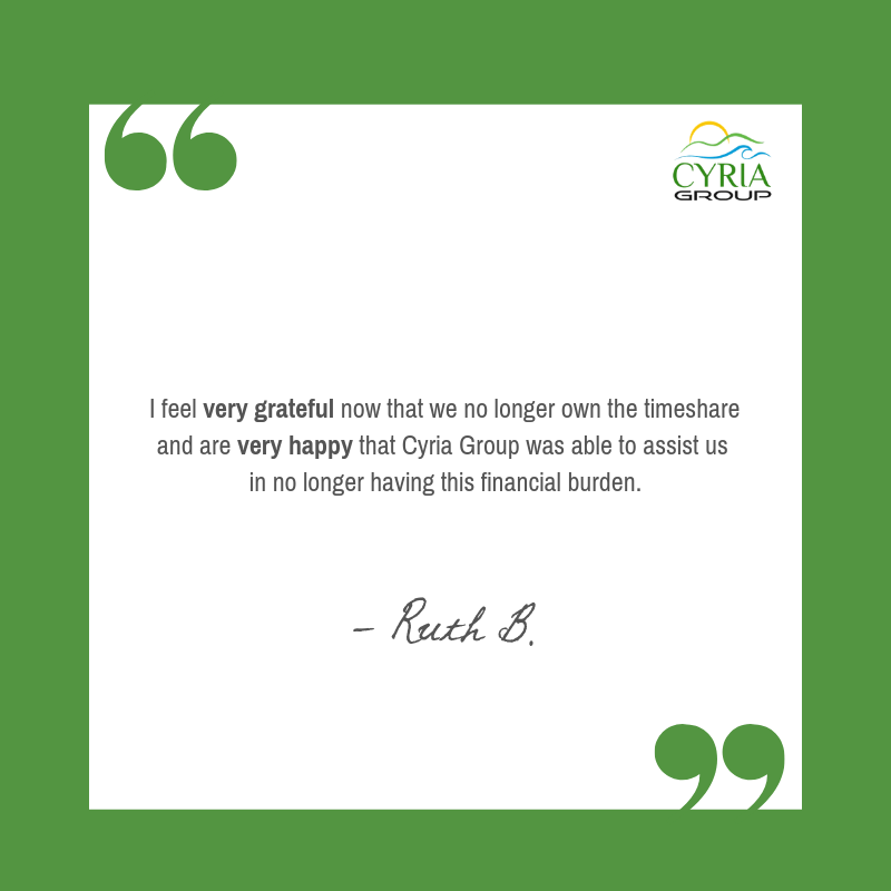 Cyria Group is committed to finding viable timeshare transfer strategies that work for the entire industry, especially for the consumers that support it. See Ruth's thoughts about her experience
#CyriaGroup #Testimonials #ReputableCompany