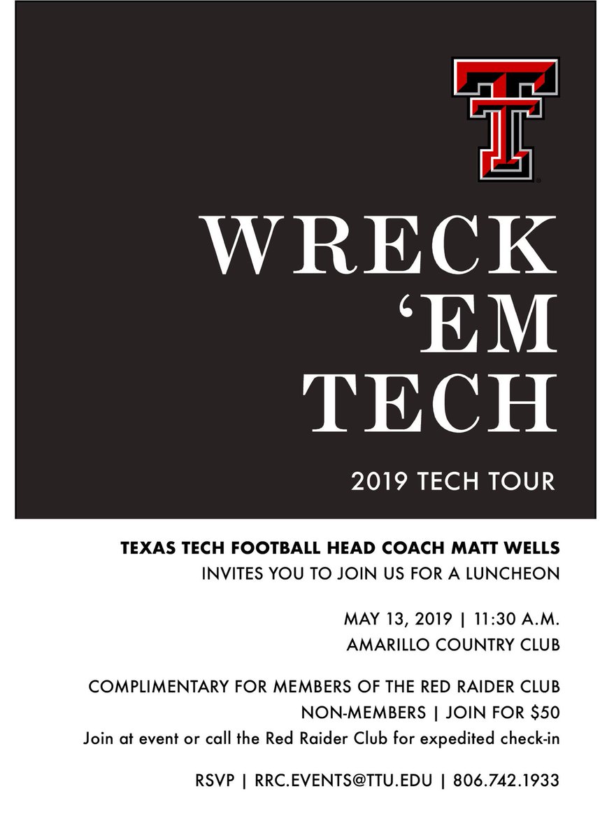 Amarillo Red Raiders‼️‼️‼️
Join the RRC on Monday for a lunch to meet our new football coach, Coach Wells! You don’t want to miss this 👊 RSVP details 👇 
🔴#WreckEm⚫️ #TechTour
