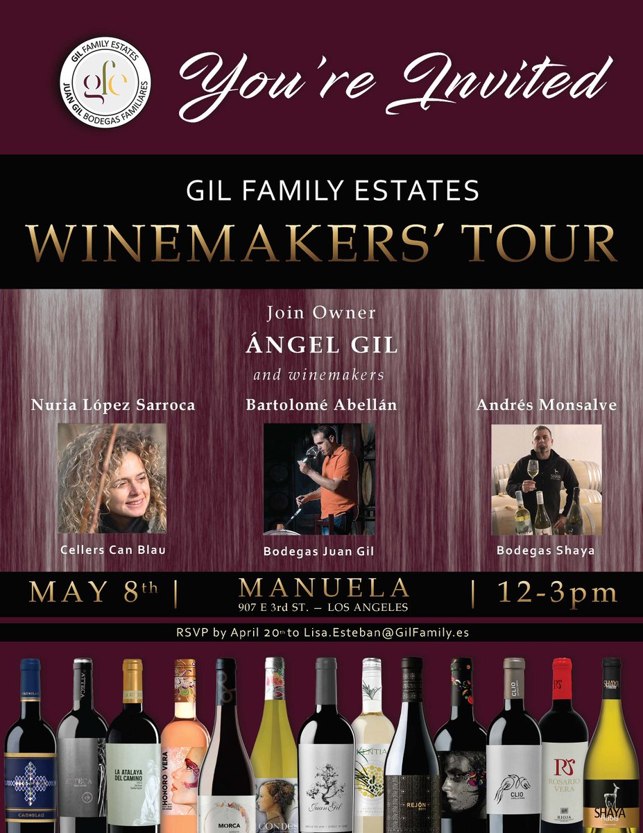 🍷TOMORROW🍷
Come join owner, Angel Gil, and the winemakers of Gil Family Estates for a winemakers tour!

👉Wednesday, May 8th from 12pm-3pm
👉@ Manuela in LA