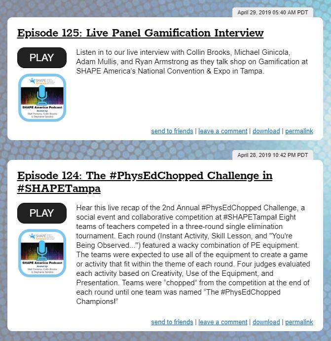 SHAPEAmerica's tweet photo. Check out two (👀) new episodes of our podcast that were recorded at #SHAPETampa. These episodes give an overview of the #PhysEdChopped Challenge and gamification while being jammed packed with special guests!
👇👇🎧
https://t.co/kQ093vOqsK https://t.co/B6Hb4nZ0oK