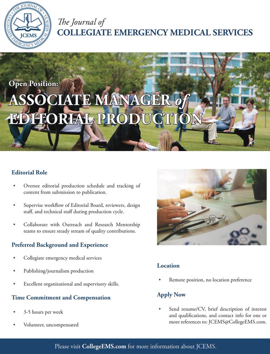 Interested in joining JCEMS? Consider applying for the position of Associate Manager of Editorial Production! Send a resume/CV, brief description of qualifications/interest, and contact information for at least on reference to JCEMS@CollegeEMS.com Visit: collegeems.com/editorial-boar…