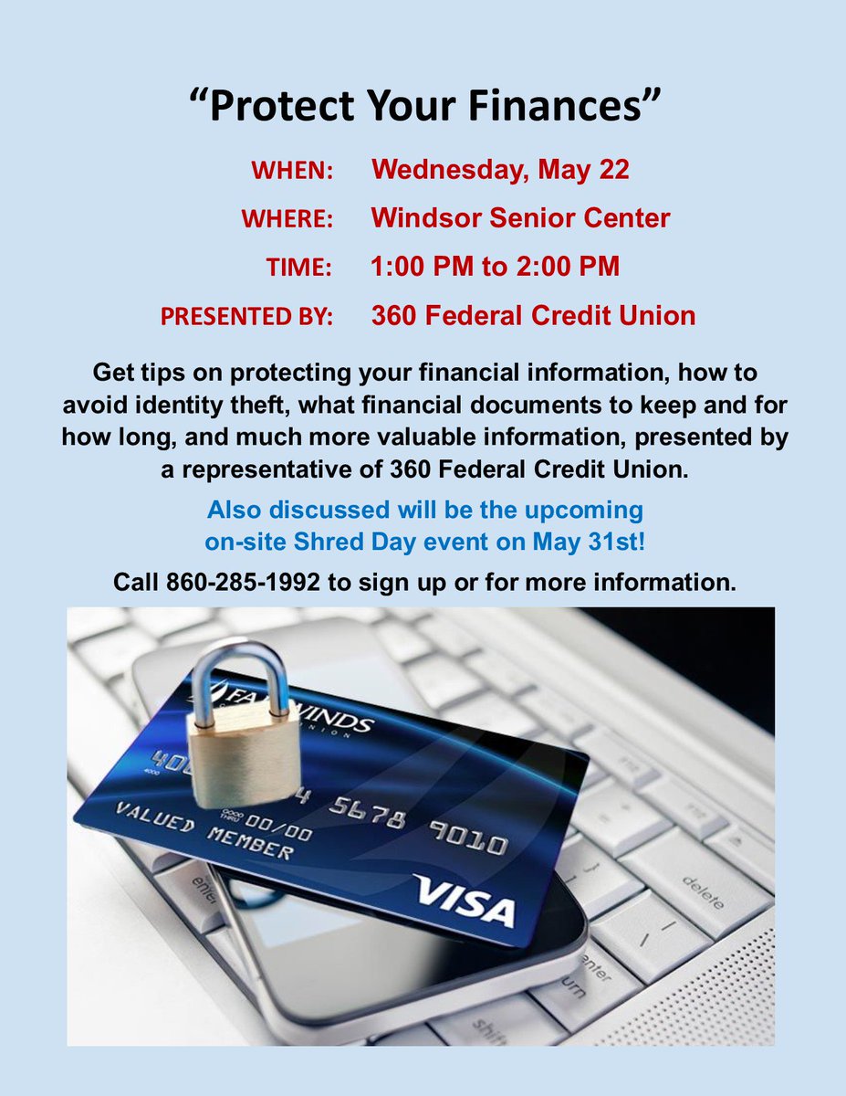 Sign up today for this very informative program. Learn valuable tips to protect your financial information, how to avoid identity theft, and more! Call 860-285-1992 to register. Free and refreshments will be served! #winvalue #identitytheftprotection #financialeducation