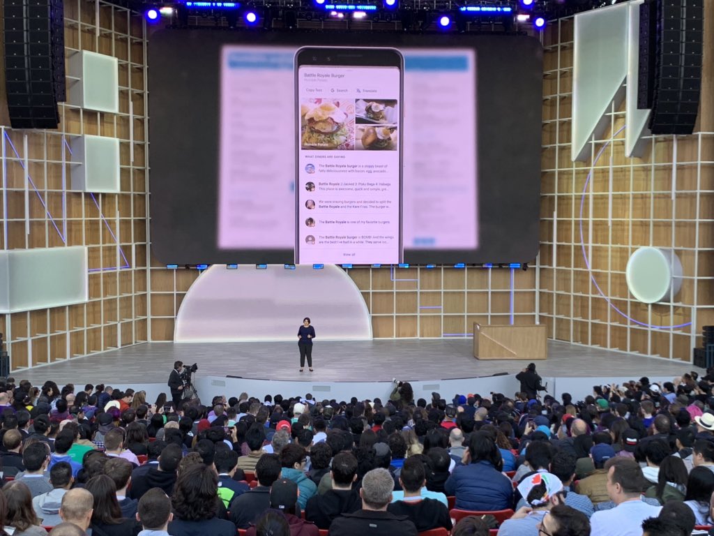 BloomTV's tweet photo. At restaurants, Google Lens can now highlight popular dishes by pointing at the menu, and show photos of them. 🍔📸 Point your phone at the receipt to calculate the tip and split the bill. #io19 https://t.co/rgl8GkTSVI