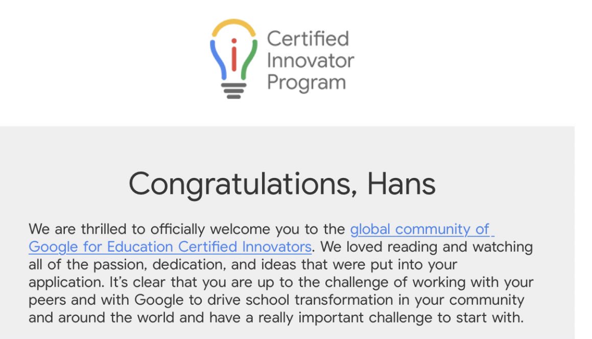 After 5 attempts, I have be accepted into the #LON19 #GoogleEI Innovator program!!!!!!!!!!  I am so overwhelmed!!!! Thank you so much to my PLN team— I will be an ambassador for all the people who made this happen!!  London here I come!