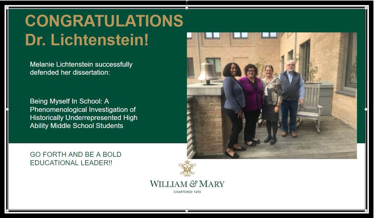 WM_EPPL's tweet photo. Graduation is just a few days away - celebrating our newest Ph.D.'s this week! Congrats, Dr. Lichtenstein! @MelsBells10 #EducationalLeadership #GiftedResearch https://t.co/i8JFibSY66