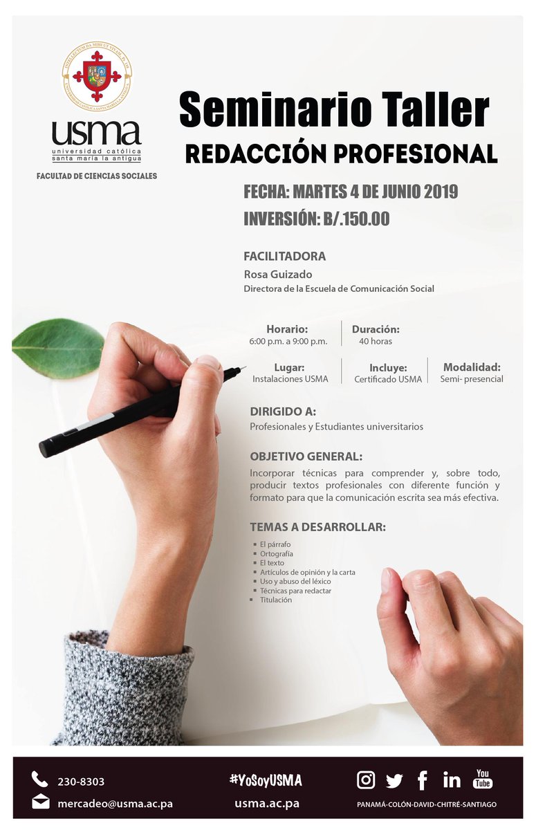 USMApanama's tweet photo. La habilidad para escribir es medular para la comunicación óptima y efectiva dentro de las organizaciones ¡Aprovecha esta gran oportunidad!
#YoSoyUSMA #USMAPanama #Panama #redaccion #escribir #librospanama #profesional #ortografiapanama https://t.co/QaICq7R7qd