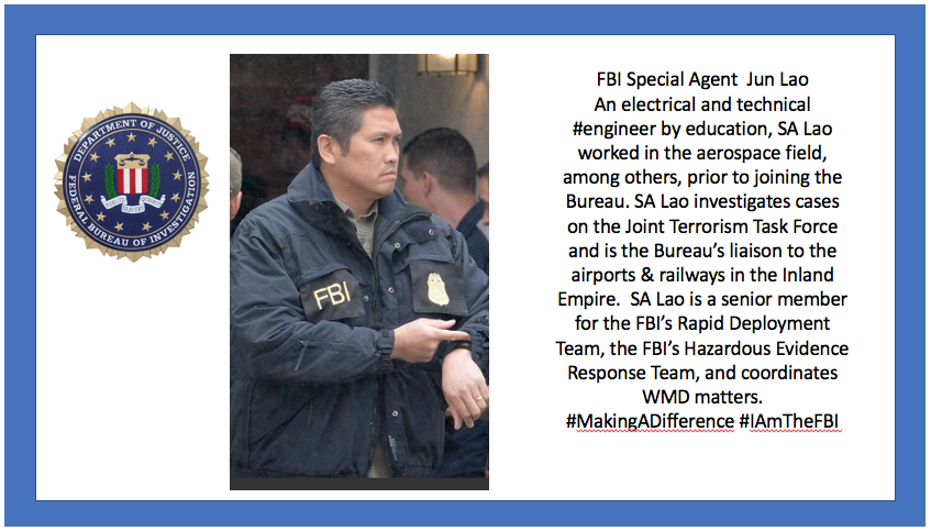 FBILosAngeles's tweet photo. Meet FBI Special Agent  Jun Lao
An engineer by education who previously worked in aerospace, SA Lao is assigned to the #JTTF. SA Lao is a member of the #HERT &amp; #RDT, among other duties. Read more below &amp; register here for our 5/7 #hiring event https://t.co/cDI087UH1D 
#IAmTheFBI https://t.co/BpRoKdImO3
