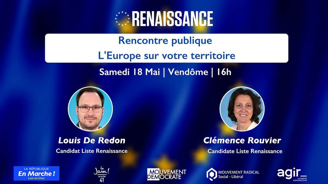 Lesjem41's tweet photo. Rencontre publique à #Vendôme sur le thème de "L'Europe au plus près du territoire" 🇪🇺

Avec les candidats @Renaissance_UE
👉 @LdeRedon
VP Conseil départemental

👉 @RouvierClemence
Référente @enmarchefr Eure-et-Loir

🗓 Samedi 18 mai
🕟 16h00
📍 Marché Couvert https://t.co/8lXMP90OZL