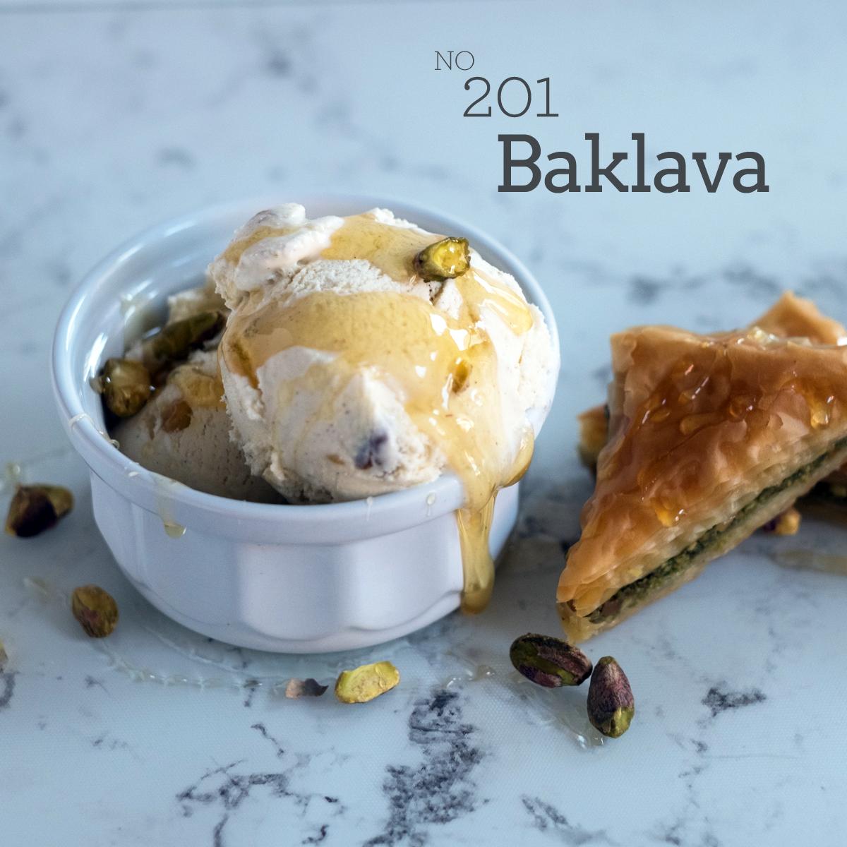Our first Membership flavor this month is *Baklava* - reconstructed in a pint. It’s a beautiful dense pistachio ice cream made with pistachios from CA family farm <a href="/fiddymentfarms/">Fiddyment Farms</a>, plus a honey glaze and layers of crispy house-made walnut baklava. And it is wow!