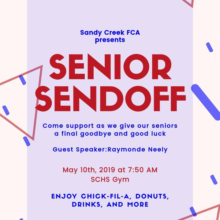 SandyCreekfca's tweet photo. Make sure you come to Senior Sendoff this Friday! https://t.co/FKs1b9BpwQ