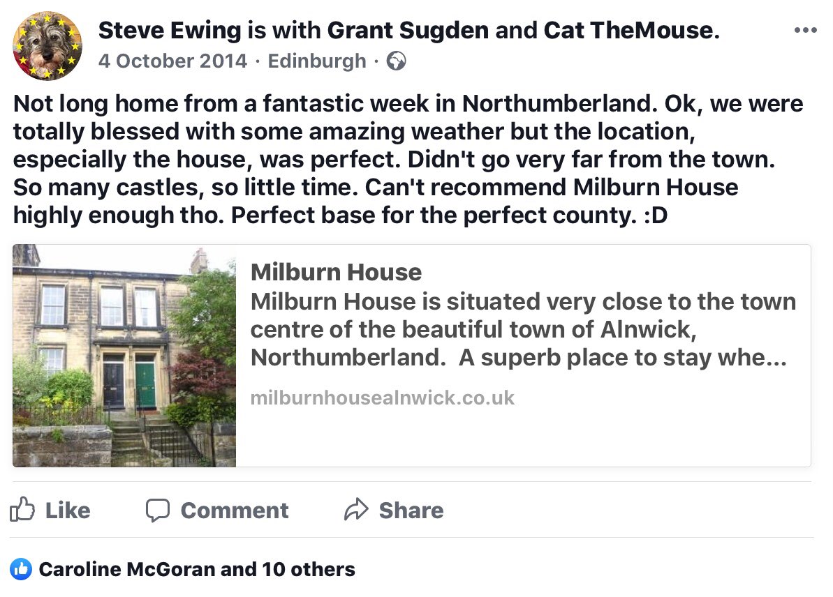 MargotsDad's tweet photo. @Milburn_House From our first ever stay @Milburn_House in late 2014, this Facebook post says it all...”Can’t recommend Milburn House highly enough...Perfect base for the perfect county.” https://t.co/BqxlKXgoDJ