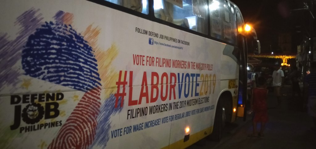 ColmeNeriBicol's tweet photo. NABUA, CAMARINES SUR | #LaborVote2019  bus at Nabua! Final stop of today's Road trip Campaign in Cam Sur. #22Colmenares #DefendOurJobs https://t.co/JqVFBxdl3y