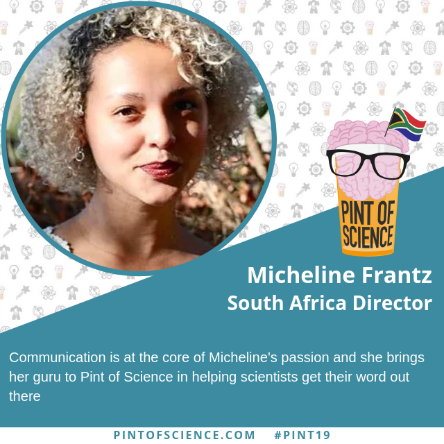 pintsworld's tweet photo. Today, for your #pint19 director of the day, we go to South Africa!
Meet Micheline Frantz, our South Africa @pintofscienceZA codirector!
Hi Micheline👋
All the #Pint19Directors can be found here https://t.co/Ki7F2yAWSO https://t.co/U6kSKFdOMx