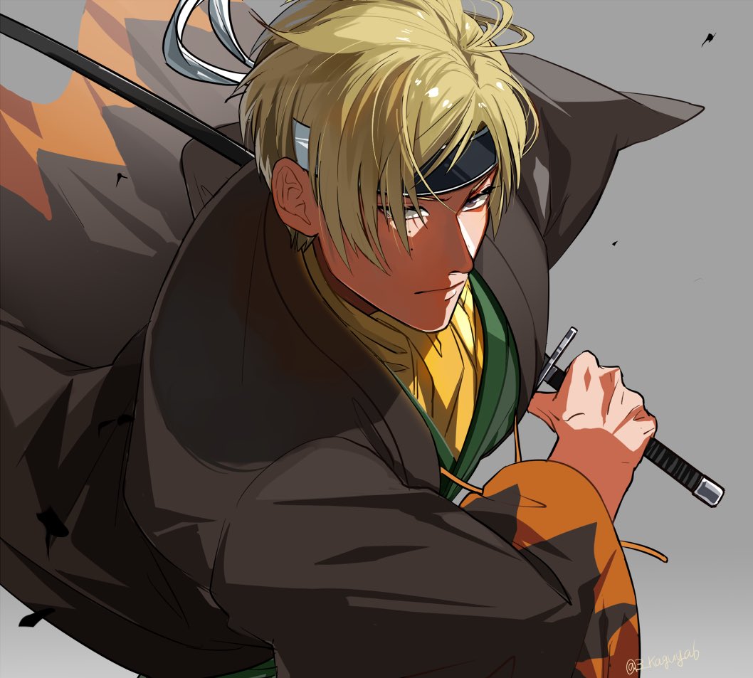 1boy male focus weapon solo headband japanese clothes blonde hair  illustration images