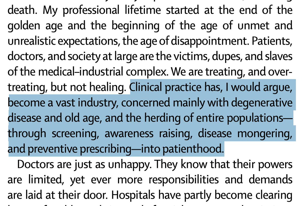 EricTopol's tweet photo. On the medical-industrial complex, after the golden age: 
https://t.co/j5Tcej12eC @TheLancet by Seamus O'Mahony
Also: "Medicine has now passed the Illichian tipping point where, I
suspect, it is doing more harm than good to the people it is supposed to serve." https://t.co/cn8RJWhAEx