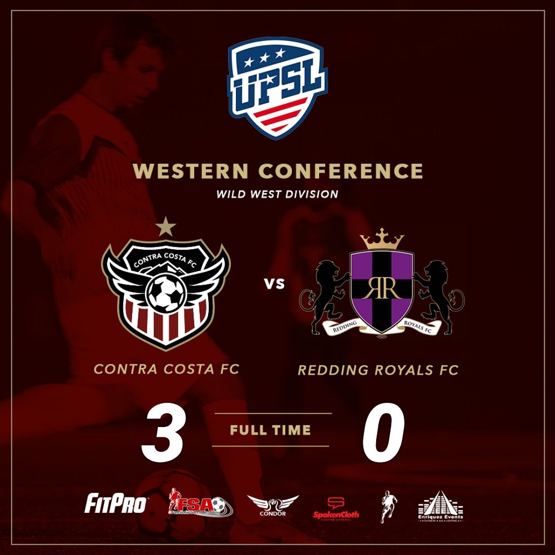 ContraCostaFC's tweet photo. #FullTime

Your Contra Costa FC beat @reddingroyalsfc 3-0 last night to be the only undefeated team in the @UPSLsoccer Wild West Division 

#UniteTheCommunityInspireTheFuture 
#WeAreCCFC https://t.co/AVZeXDXJBb