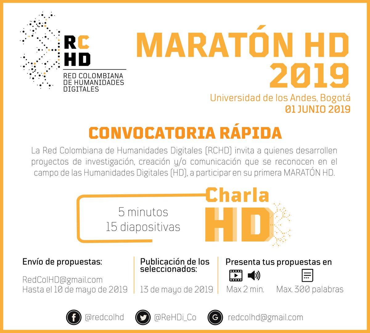 Para quiénes no alcanzaron a la convoatoria general o apenas se enteran, hemos abierto esta convocatoria rápida para el formato CharlaHD dentro de nuestra #MararonHD2019 ¡Anímense¡