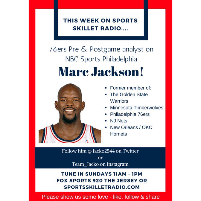 SportsSkillet's tweet photo. Coming up : We Talk @sixers Vs @Raptors, &amp; @NBA with @Jacko2544 ! 
Tune in https://t.co/SouR17jQ5z @FoxSportsRadio 920 The Jersey! 
Dial in : 609-919-9200 ! 
#SportsSkilletRadio #MarcJackson #Jacko2544 #76ers #Sixers #HereTheyCome #PhilaUnite #Raptors #NBA #NBAPlayoffs https://t.co/7Z9safAhiZ