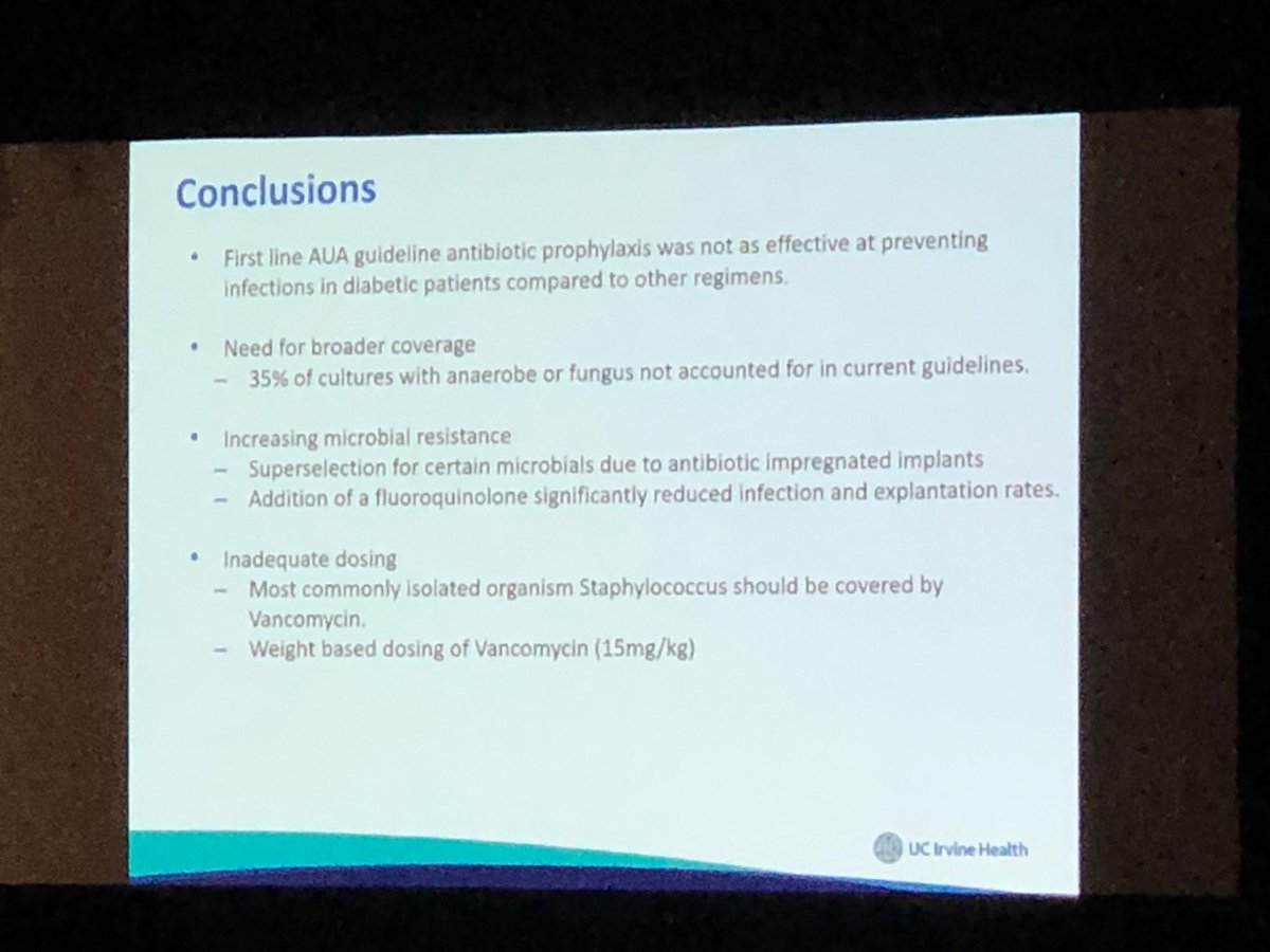 AUA guidelines-based antibiotic prophylaxis was associated with 5x higher risk of IPP infection in this cohort of diabetics from ⁦@UCI_Urology. Need broader coverage, including fungal. ⁩ ⁦@faysal_a_yafi⁩  ⁦⁦@jsexmed⁩ #aua19 #smsna19 - ⁦@PBajicMD⁩