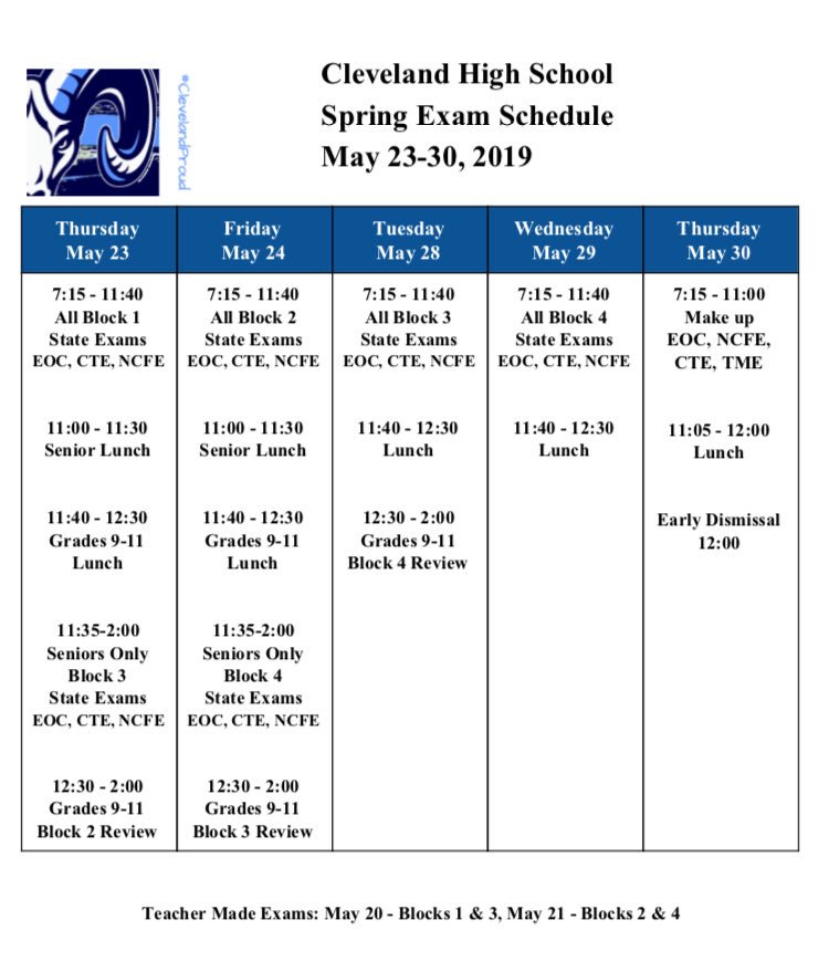 <a href="/TheOfficialCvHS/">Cleveland High NC</a> Spring Exam schedule ➡️ Only 13 school days until exams. Make sure you’re ready! 📚 ✏️ ⏰