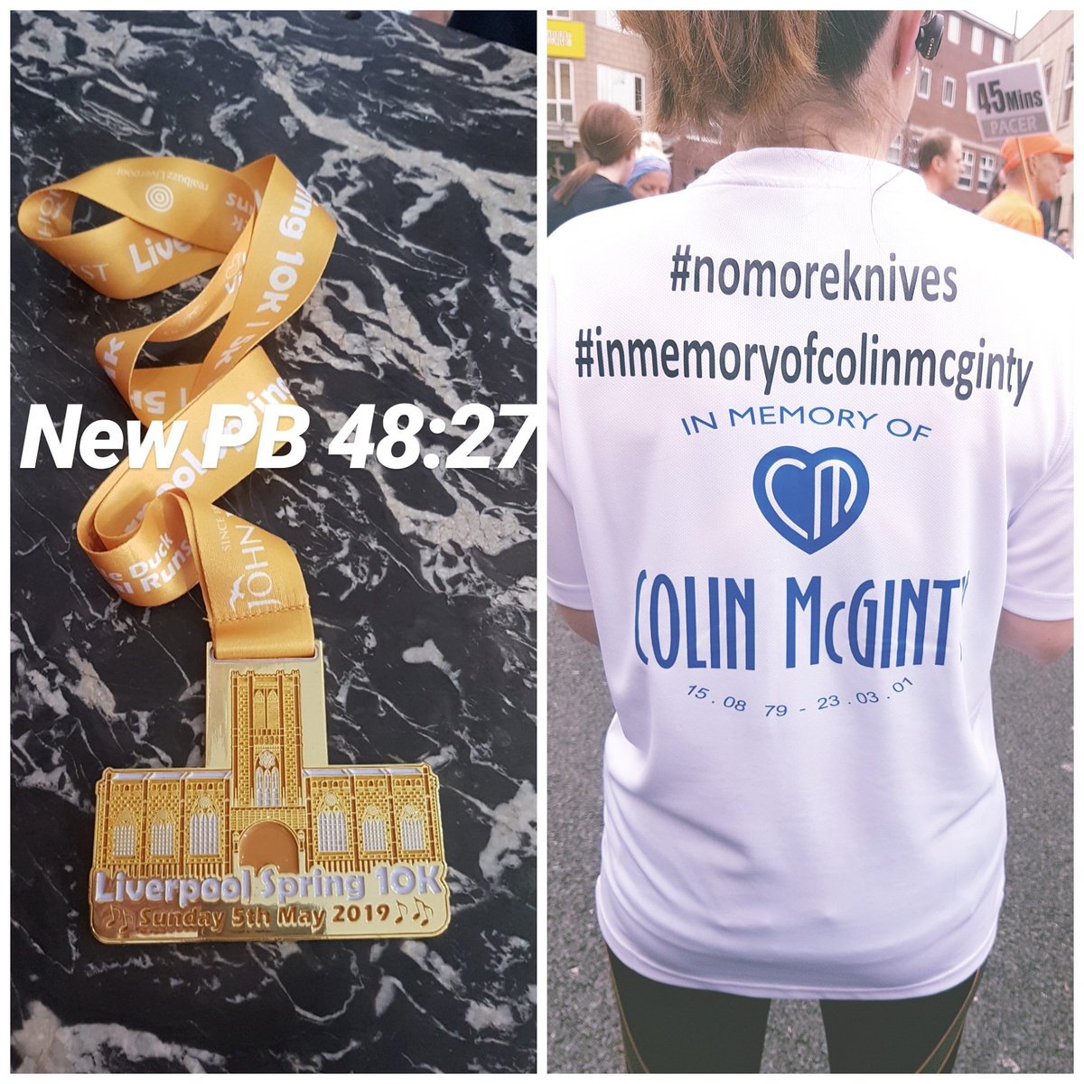 HazelForshaw's tweet image. Another #Spring10k in bag, with a new PB.
But more importantly today is to spread the word of #nomoreknives campaign @inmemoryofcolinmcginty. No-one should have to wear a tshirt like this, but this is the reality for families out there having to face the ordeal of mindless acts.