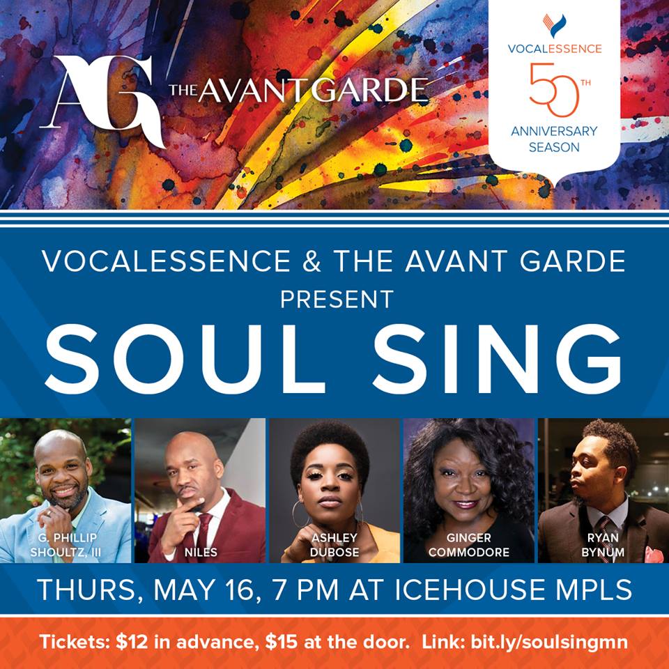 <a href="/AvantGardeIs/">The Avant Garde</a> will be presenting the "Soul Sing" concert at <a href="/icehousempls/">icehousempls</a>  on 5/16 featuring <a href="/AshleyDuBose/">Ashley Dubose</a> @RyanBynum21 Ginger Commodore and Niles! Purchase your tickets NOW at bit.ly/soulsingmn!
