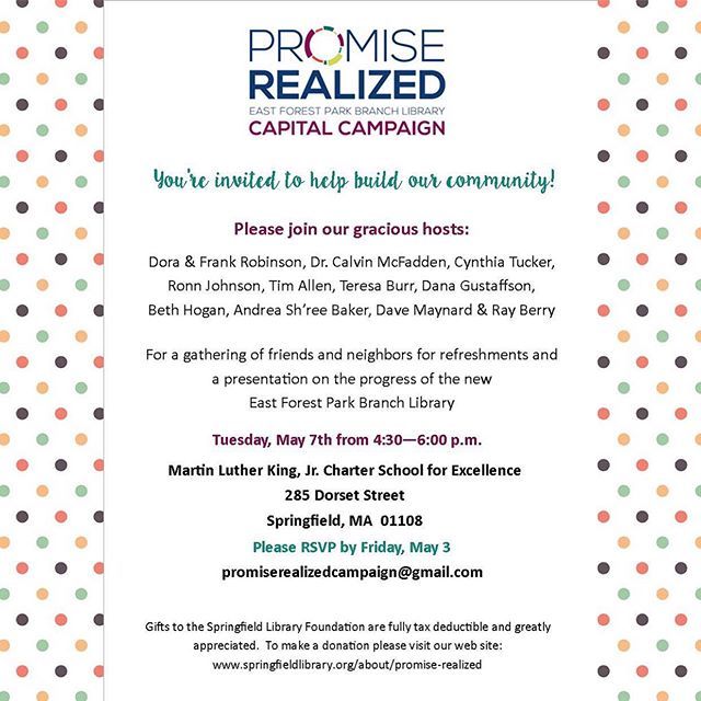 SpfldMassLib's tweet image. You’re invited! Please join us! #SpfldMassLib #PromiseRealized #EastForestPark #EastForestParkLibrary #SpringfieldMA #Community #413 bit.ly/2PPC8yD